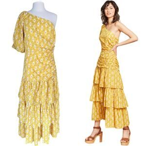 VERONICA BEARD Virginia Dress One Shoulder Floral Layered Yellow Cotton 6 NWT
